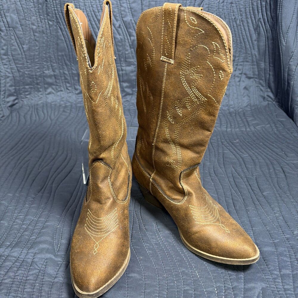 Women’s 9.5 M Brown Western Cowboy Boots Distressed Embroidered Pull On
